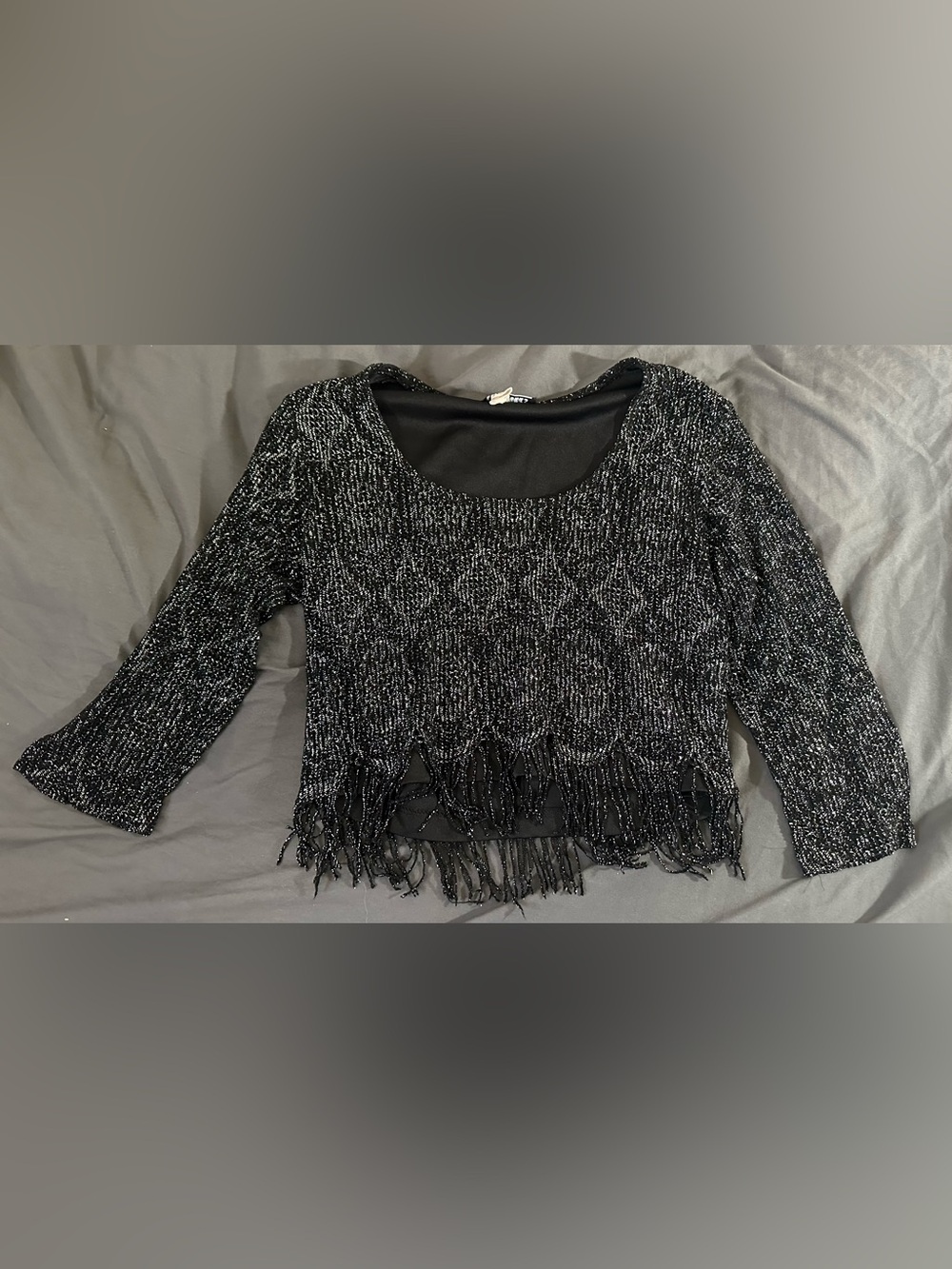 Knitworks Black Metallic Knit Top with Fringe